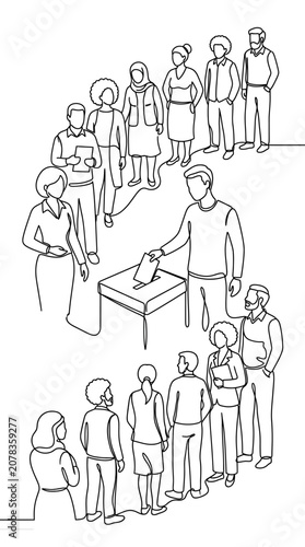 A continuous line drawing of a diverse group of people waiting in a queue to cast their votes at a polling station.