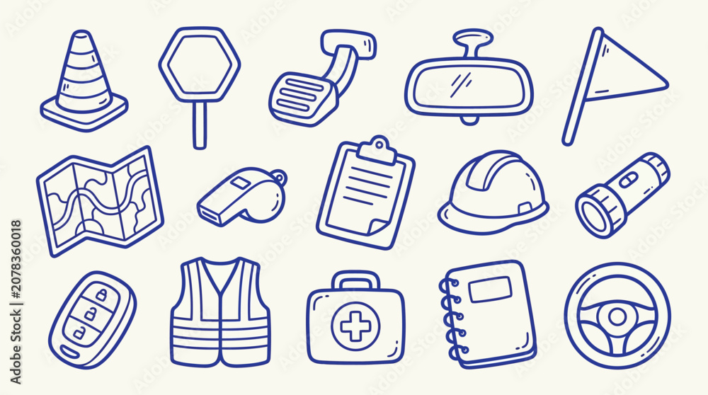Fototapeta premium Collection of hand-drawn icons representing driving, safety, and travel essentials.