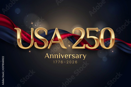 USA 250th Anniversary, Patriotic Gold Text, American Flag Ribbon, 1776-2026 Celebration