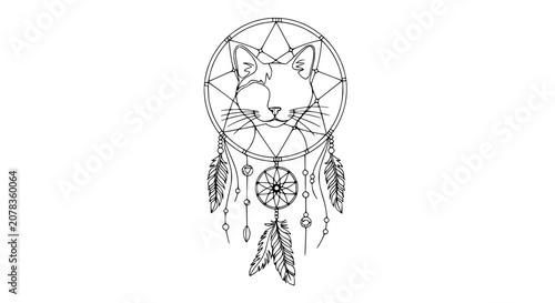 Konstfotografi Dreamcatcher with Cat Face Outline and Feathers, Boho Style, Tattoo Design