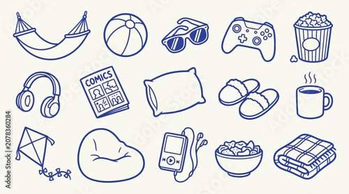 Collection of hand-drawn icons representing leisure and relaxation activities and items.