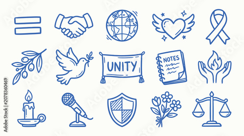 Collection of hand-drawn icons representing peace, unity, and social justice concepts.