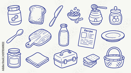 Collection of hand-drawn breakfast and food items in a doodle style.