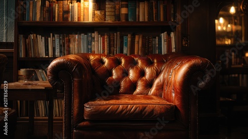 Leather armchair in cozy home library