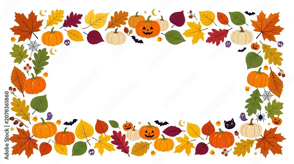 Fototapeta premium Autumn harvest frame with pumpkins, jack-o-lanterns, colorful fall leaves, acorns, and seasonal decorations arranged as isolated border on white background for design projects.