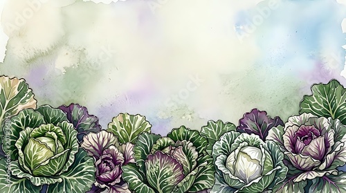 Watercolor illustration of fresh cabbage heads in green and purple tones arranged in a row, suitable for culinary, agricultural, and food-related design projects.