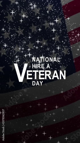 National hire a veteran day text animation with waving flag and fireworks, suitable for social media graphics.
