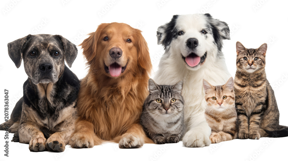 Fototapeta premium Group of different dog breeds and cats sitting together, isolated on a white background