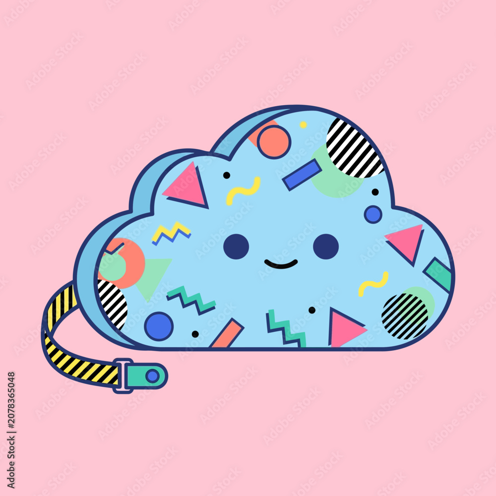 Fototapeta premium Cute cloud character with geometric pattern, retro style