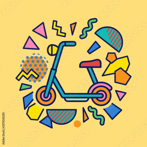 Retro scooter surrounded by colorful abstract shapes, vibrant graphic design