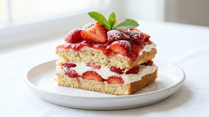 Close Up Fluffy Strawberry Shortcake Whipped Cream Fresh Sliced Strawberries

