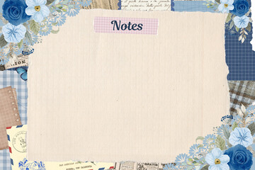 Notes paper background decorated with floral corners and vintage blue patterned paper