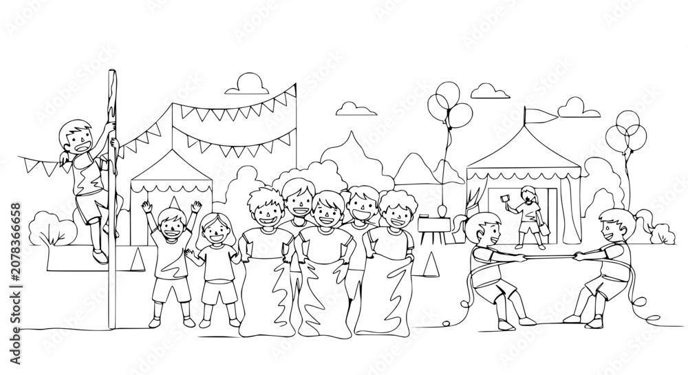 Obraz premium Children's outdoor summer festival games: sack race, tug of war, and pole climbing.