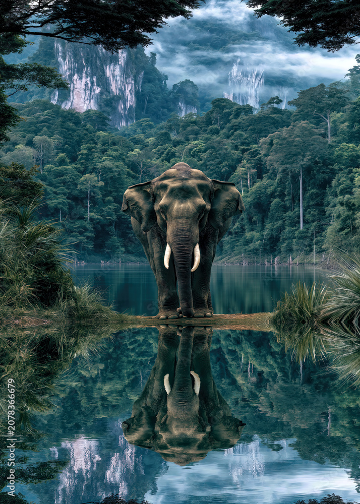 Fototapeta premium An impressive elephant stands on the edge of a peaceful lake, its reflection shimmering in the clear water. Towering trees frame the scene, creating a calm, harmonious atmosphere.