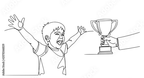 Bilde på lerret Excited child receives trophy, celebration, victory, one line drawing