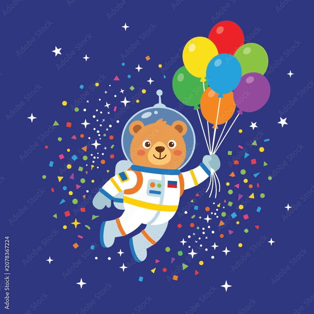 Naklejka premium Cute bear astronaut floating in space with colorful balloons