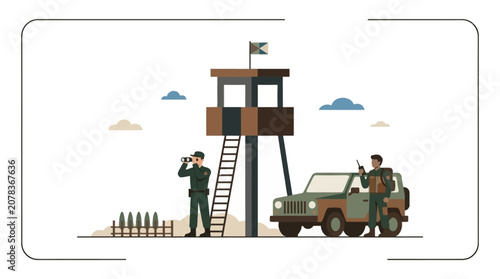 Military personnel on duty at desert outpost with vehicle and watchtower