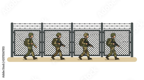 Pixel art soldiers patrolling near a barbed wire fence