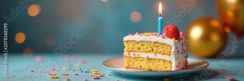 Birthday cake slice with lit blue candle and golden balloons , treat, slice