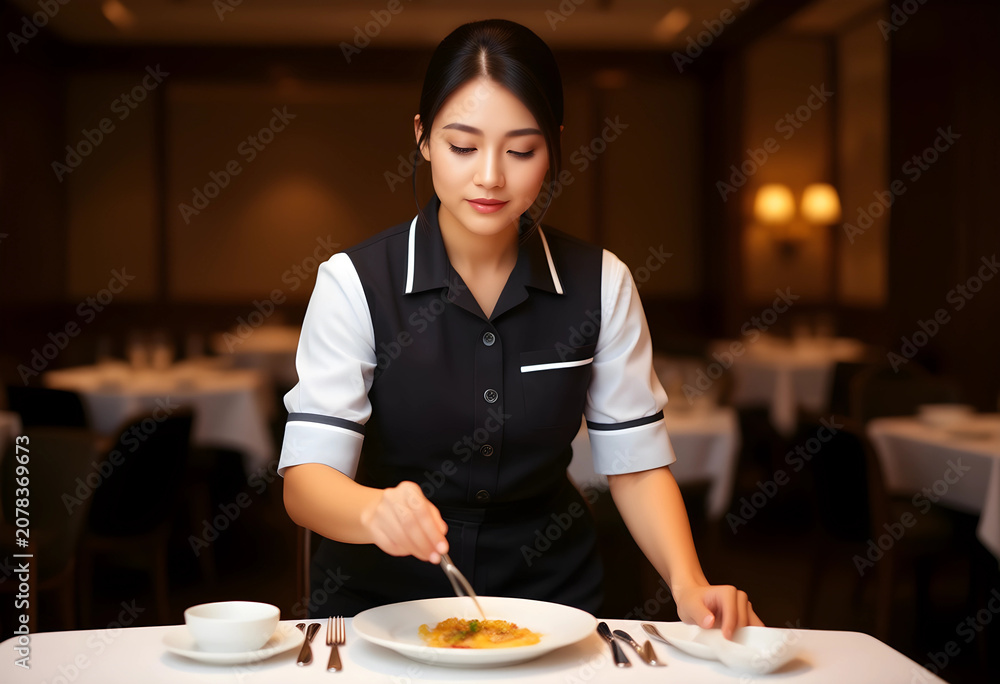 Fototapeta premium female restaurant server arranging food on plate