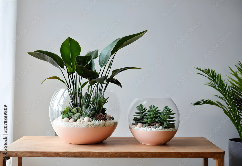 Fototapeta premium Minimalist florariums with green plants on wooden table