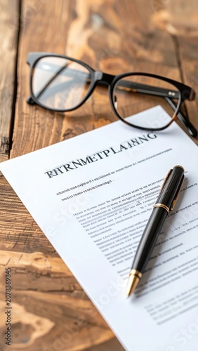 Business document with pen and black glasses on rustic wooden desk, planning and professional analysis