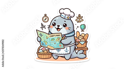 Fotografie Cute Chef Seal with Map and Bakery Items, Nautical Theme