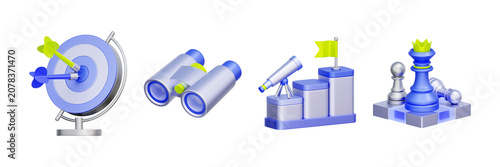 3D illustration of strategic vision object set with target, binoculars and chess pieces for business planning, goal achievement, leadership, tactical execution, and market analysis.
