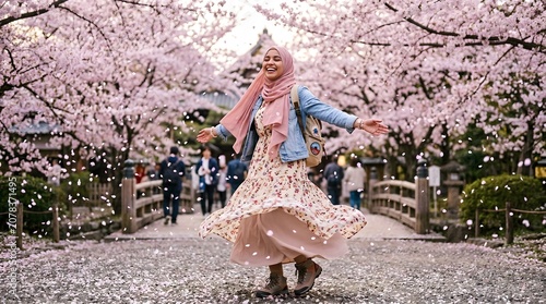 Young Muslim Woman Joyfully Dancing Amidst Blooming Cherry Blossoms in Japan.