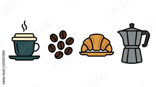 Foto Coffee Break Icons: Hot Drink, Beans, Croissant, Moka Pot