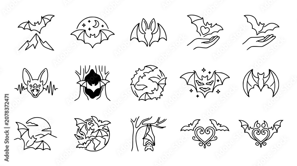 Obraz premium Set of Hand-Drawn Bat Icons and Illustrations for Halloween and Gothic Themes