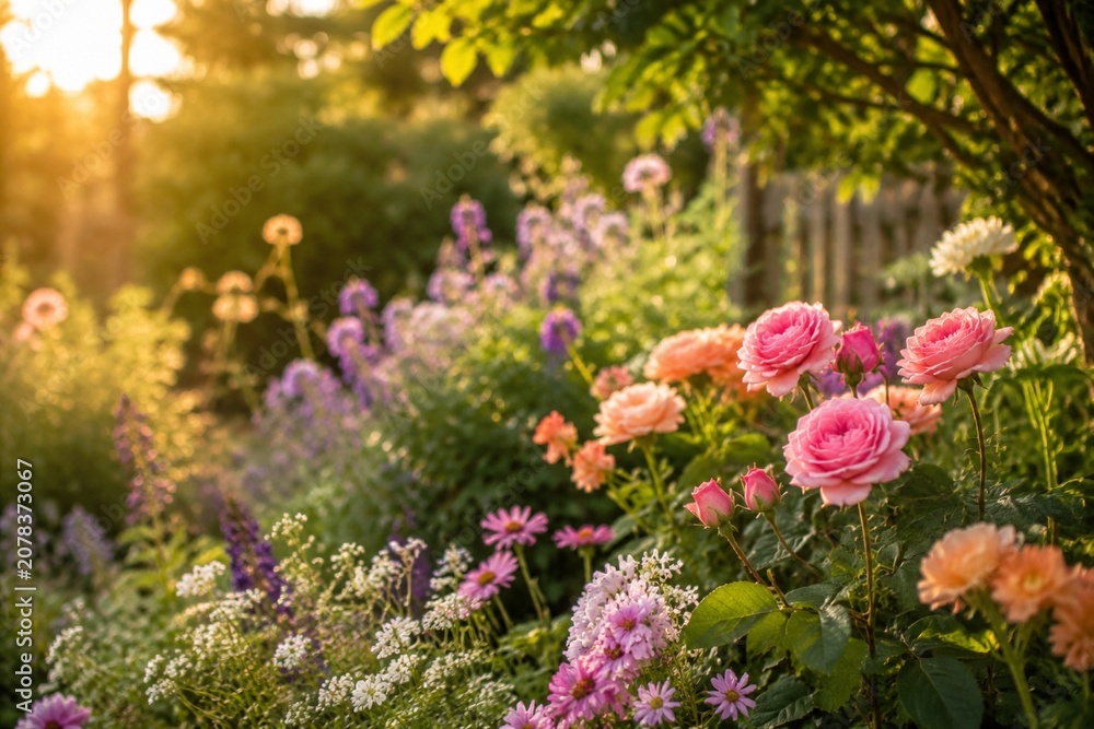 Obraz premium A sunlit garden filled with blooming flowers, bathed in the golden light of late afternoon.