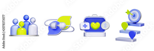 3D illustration of human resource object set with team avatar, plug bubble, benefit briefcase and target path for employee connection, wellness compensation, group communication, and career goals.