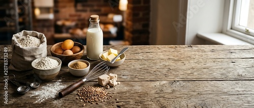 Baking ingredients on a rustic wooden table with copy space