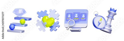 3D illustration of talent management object set with diamond stairs, heart puzzle, candidate screen and compass chess for career progression, culture fit, screening, and strategic leadership.