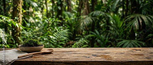 Empty rustic wooden table with plant bowl and spoon against lush jungle background