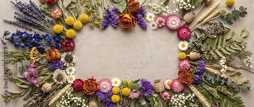 Floral Border Frame with Various Dried Flowers and Herbs on Textured Background