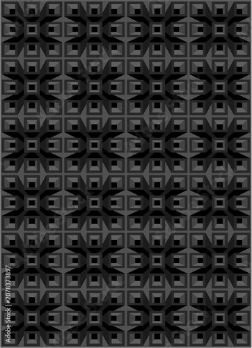 A dark grey, seamless abstract pattern consisting of repeating geometric shapes and concentric squares, producing a dense architectural or mechanical texture.