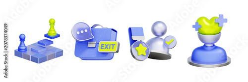 3D illustration of employee lifecycle object set with chess board, exit briefcase, award medal and health mind for strategic positioning, resignation, staff recognition, and mental wellbeing.