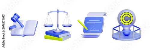 Фотография 3D illustration of legal compliance object set with law book gavel justice scale signature document and copyright bulb for intellectual property protection corporate regulation and legal agreement