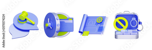 3D illustration of legal security object set with speech bubble gavel safe folder blueprint seal and handcuff briefcase for corporate regulation criminal justice intellectual property and data protect