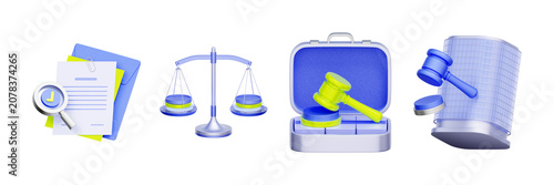 3D illustration of legal operation object set with search document coin scale gavel briefcase and office hammer for corporate compliance financial regulation law firm management and business justice.