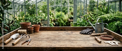 Potting Bench with Gardening Tools in Greenhouse Background