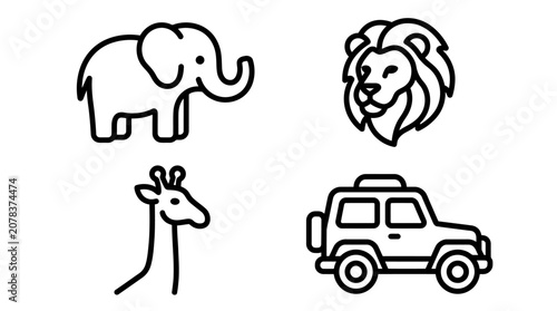 Canvas Print Safari Icons: Elephant, Lion, Giraffe, and Safari Car - Line Art Collection