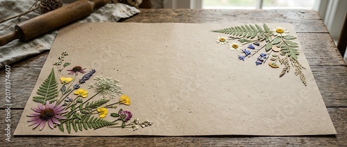 Rustic Botanical Flat Lay with Dried Pressed Flowers on Handmade Craft Paper