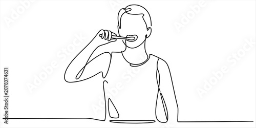 Continuous line drawing of a person brushing their teeth