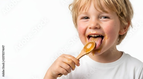 Happy Little Boy Eating Sweet Honey with Wooden Spoon Over Isolated White Studio Background