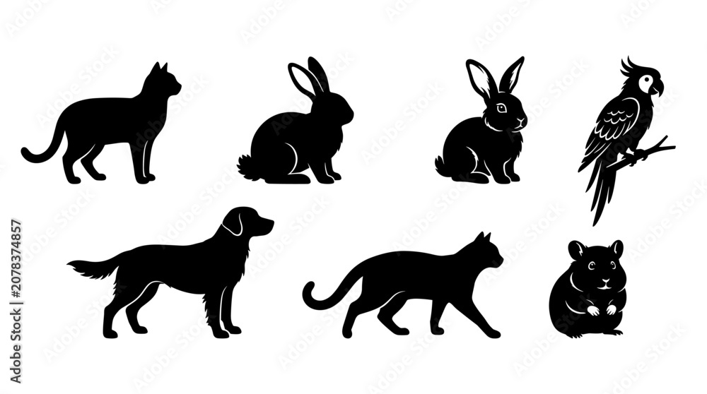 Fototapeta premium Collection of Black Silhouettes of Domestic Animals and Birds on White Background
