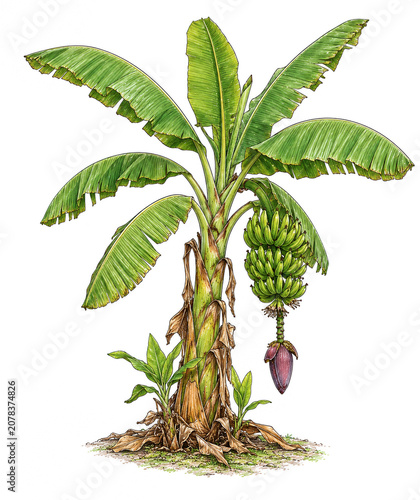 High Detail Banana Tree Doodle Vector Illustration with Subtle Scribble Texture Isolated on White Background