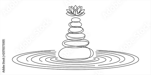 Canvas Print Zen stones stack with a lotus flower line art illustration